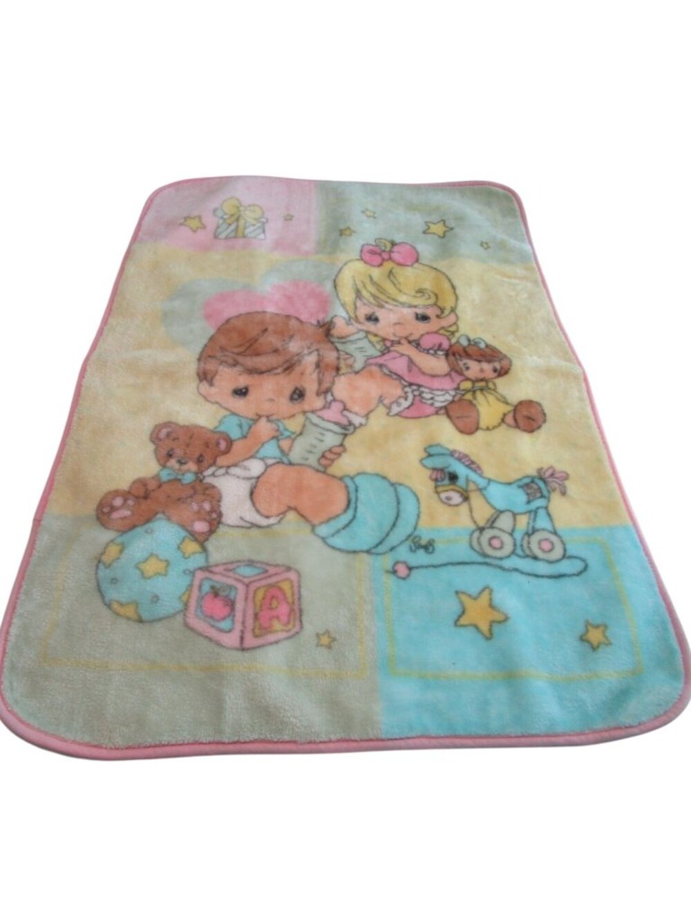 Precious Moments Beginnings Plush Mink Baby Blanket Pastel Colors Pink Trim